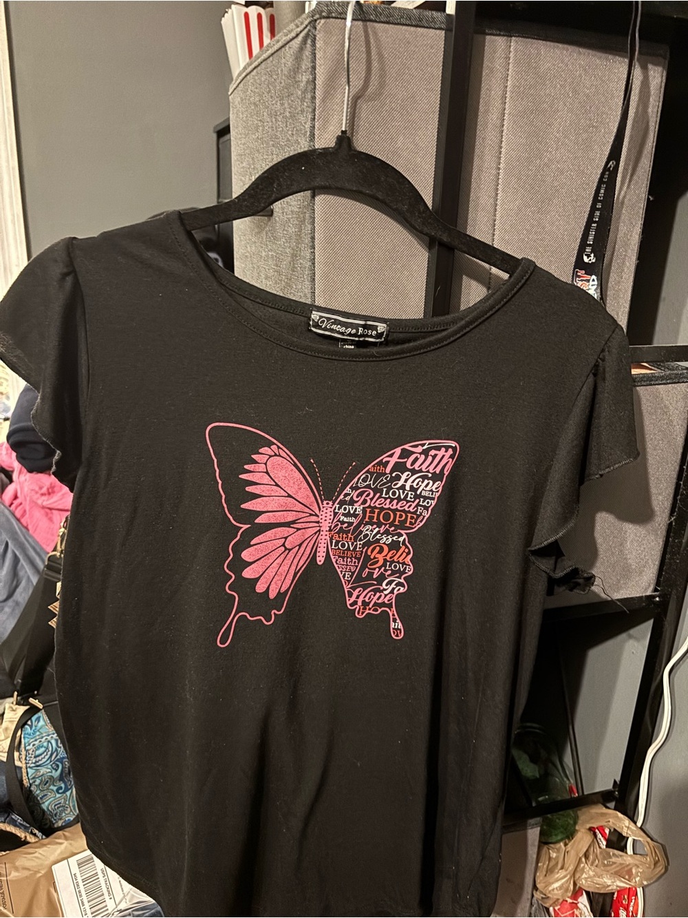 Vintage Rose Black Tee with Pink Butterfly Graphic XL